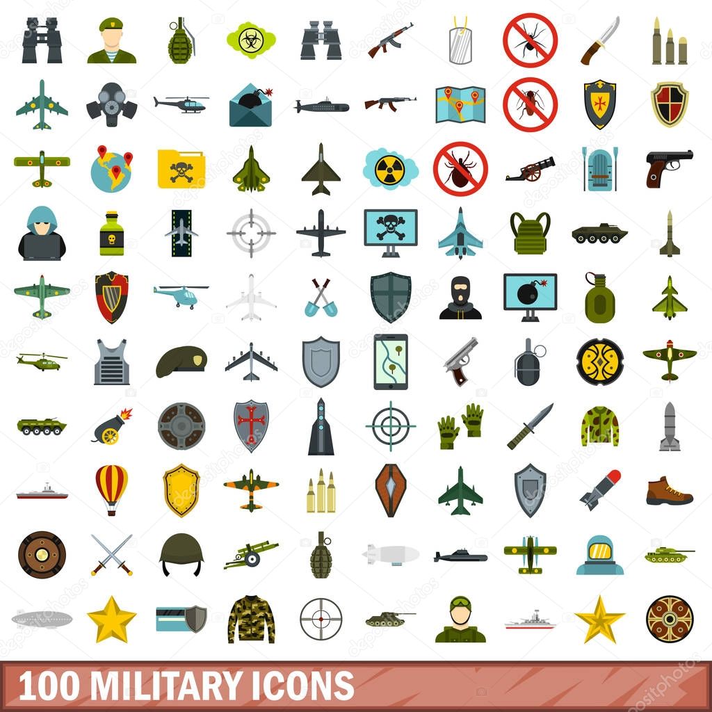 100 military icons set, flat style