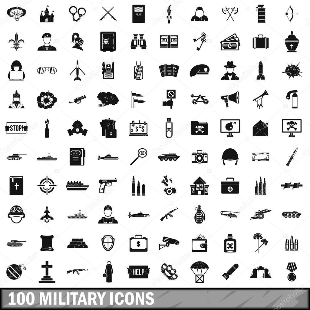 100 military icons set, simple style