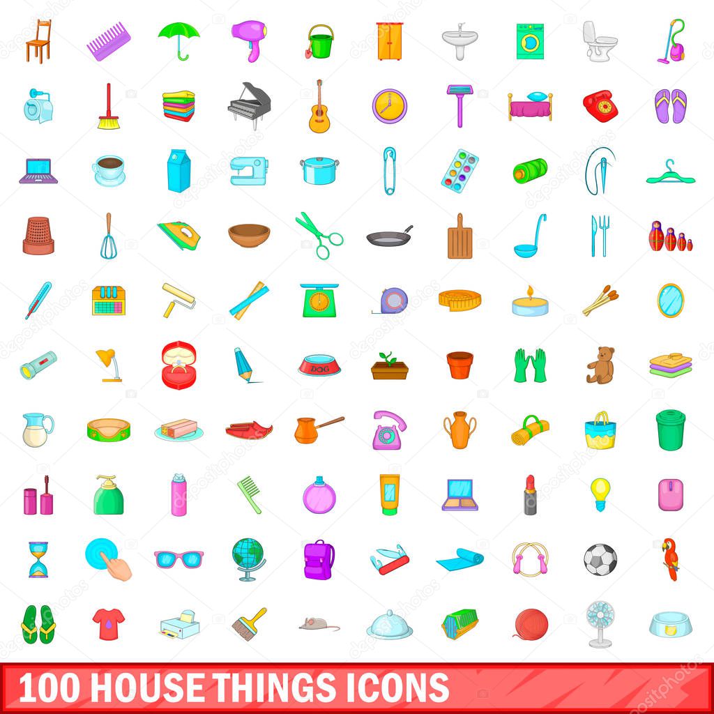 100 house things icons set, cartoon style