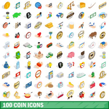 100 sikke Icons set, izometrik 3d stili
