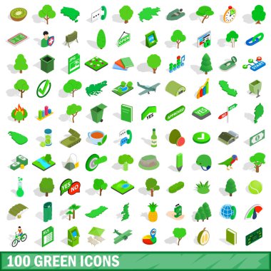 100 yeşil Icons set, izometrik 3d stili