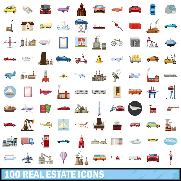 100 iconos inmobiliarios conjunto, estilo de dibujos animados — Vector de stock