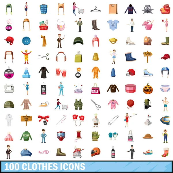 Ensemble de 100 icônes de vêtements, style dessin animé — Image vectorielle
