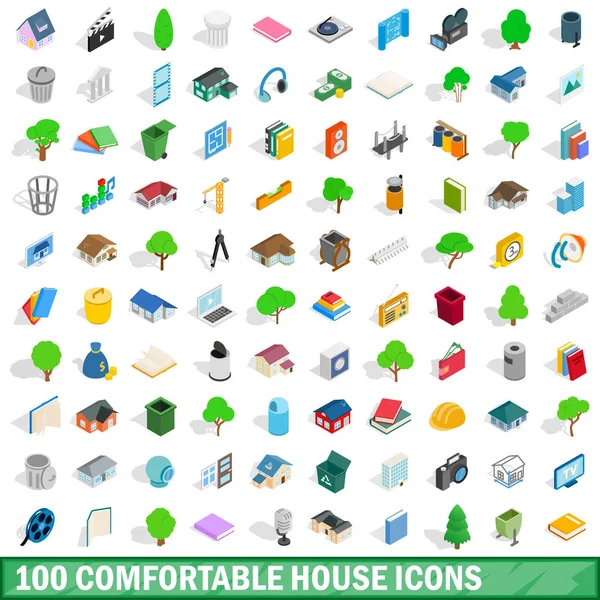 100 cómodo conjunto de iconos de la casa, estilo isométrico — Vector de stock