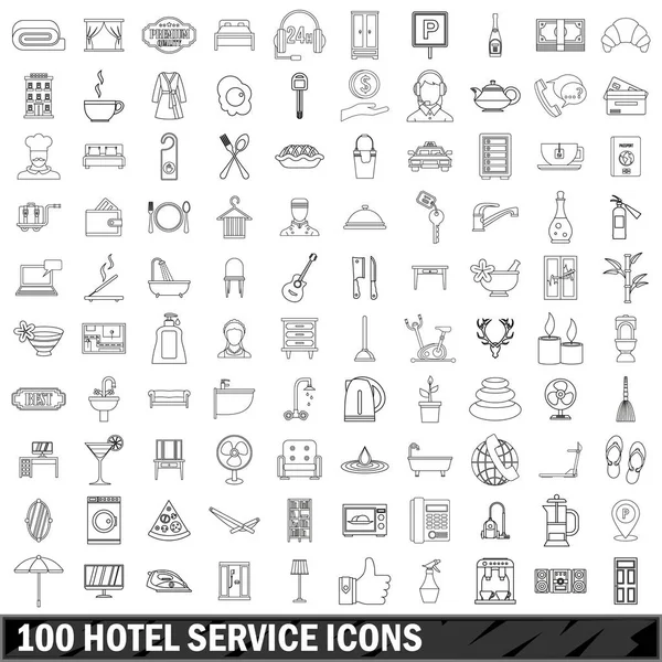 100 szálláshely szolgáltatás ikonok beállítása, vázlat stílusában — Stock Vector