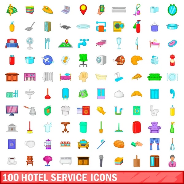 100 iconos de servicio de hotel conjunto, estilo de dibujos animados — Vector de stock