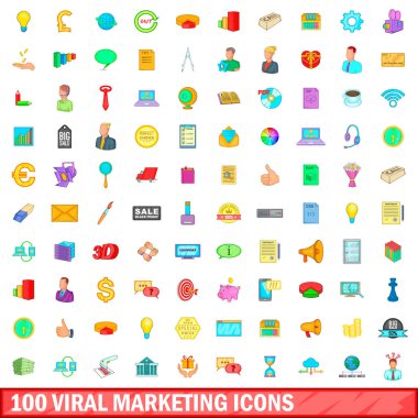 100 viral Icons set, pazarlama tarzı çizgi film