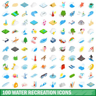 100 su rekreasyon Icons set, izometrik 3d stili