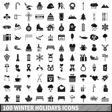 100 Kış tatil Icons set, basit tarzı