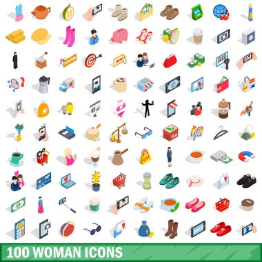 100 kadın Icons set, izometrik 3d stili