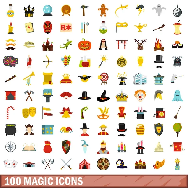 100 sihirli Icons set, düz stil — Stok Vektör