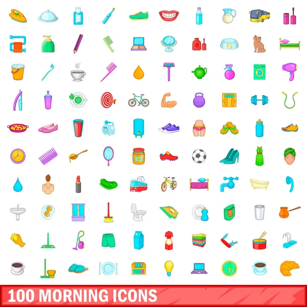 100 iconos de la mañana conjunto, estilo de dibujos animados — Vector de stock