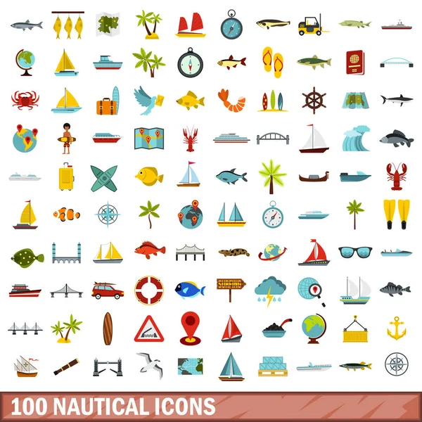 Conjunto de 100 iconos náuticos, estilo plano — Vector de stock