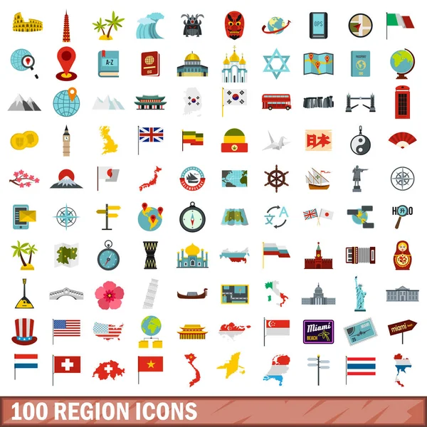 Conjunto de iconos de 100 regiones, estilo plano — Vector de stock