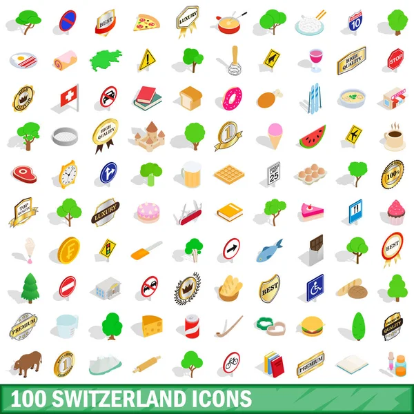 100 Svájc ikonok beállítása, izometrikus 3D-s stílus — Stock Vector