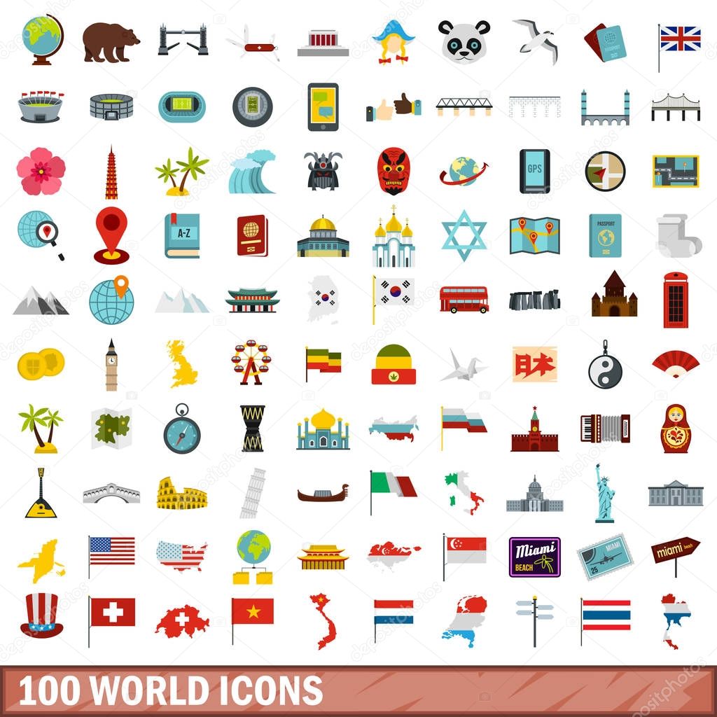 100 world icons set, flat style