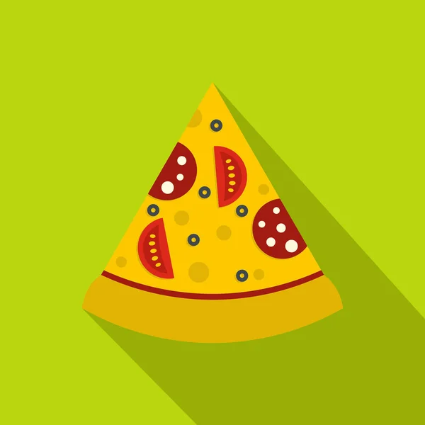 Rebanada de pizza con salchichas y tomates icono — Vector de stock