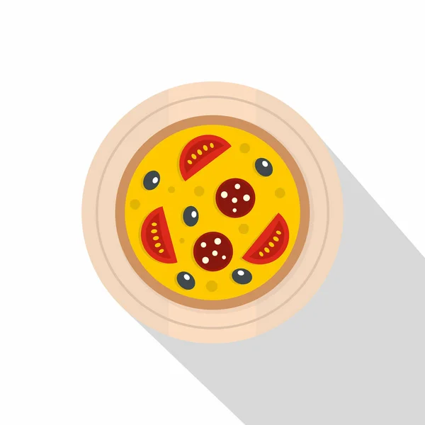 Pizza con salchichas, tomates y aceitunas icono — Vector de stock