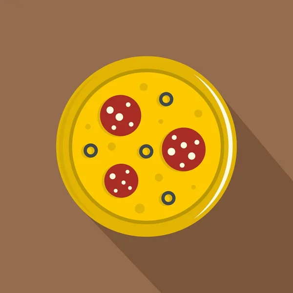 Pizza z kiełbasą i ikona oliwki, płaski — Wektor stockowy