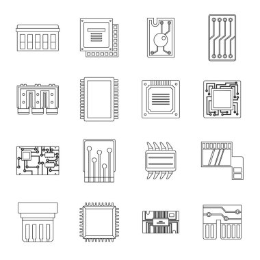 Bilgisayar çipleri Icons set, anahat stili