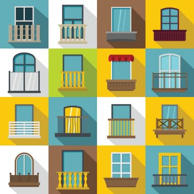 Balkon, düz stil pencere formları Icons set