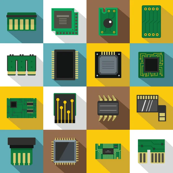 Conjunto de ícones de chips de computador, estilo plano — Vetor de Stock
