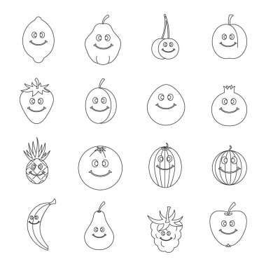 Meyve Icons set gülümseyen, anahat stili