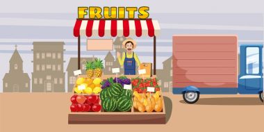 Meyve yatay banner şehir kiosk, karikatür tarzı