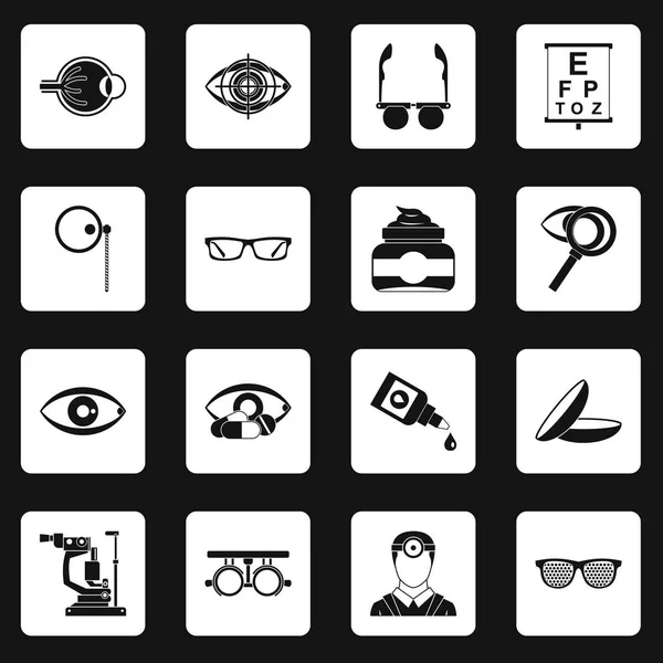 Oftalmólogo herramientas iconos conjunto cuadrados vector — Archivo Imágenes Vectoriales