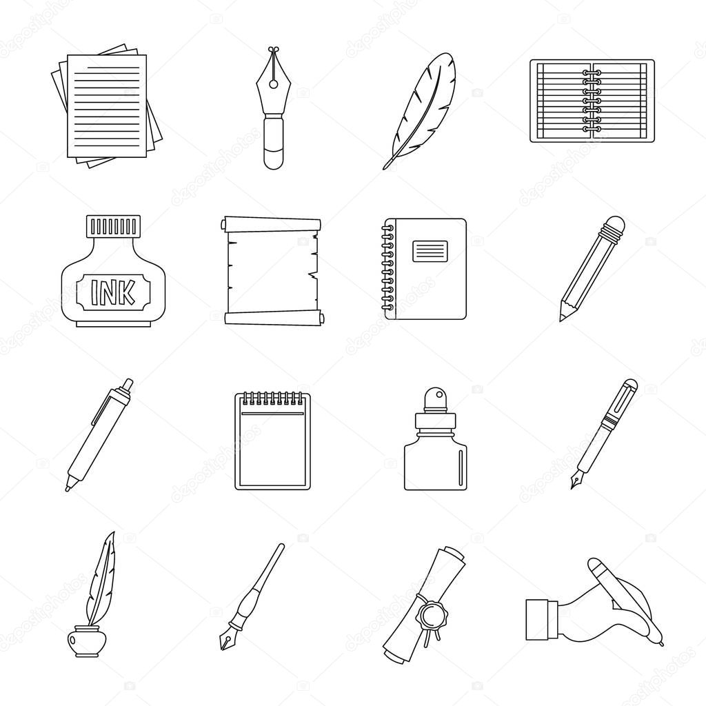 Writing icons set items, outline style