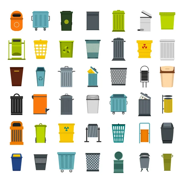 Lixo lata ícone conjunto, estilo plano —  Vetores de Stock