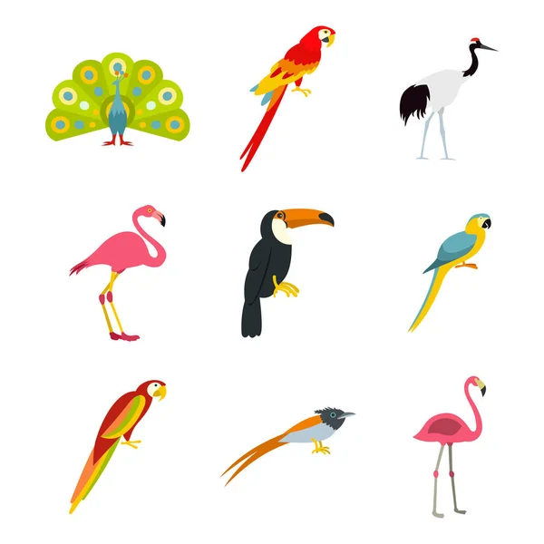 Exotische Vögel Ikonen Set, flacher Stil — Stockvektor