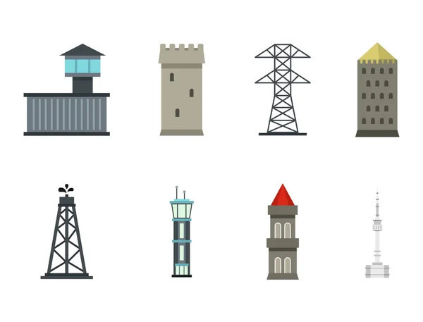 Tower Icon Set, flacher Stil — Stockvektor