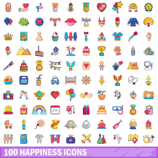 100 conjunto de ícones de felicidade, estilo cartoon — Vetor de Stock