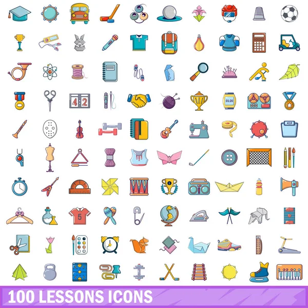 100 lecciones iconos conjunto, estilo de dibujos animados — Vector de stock