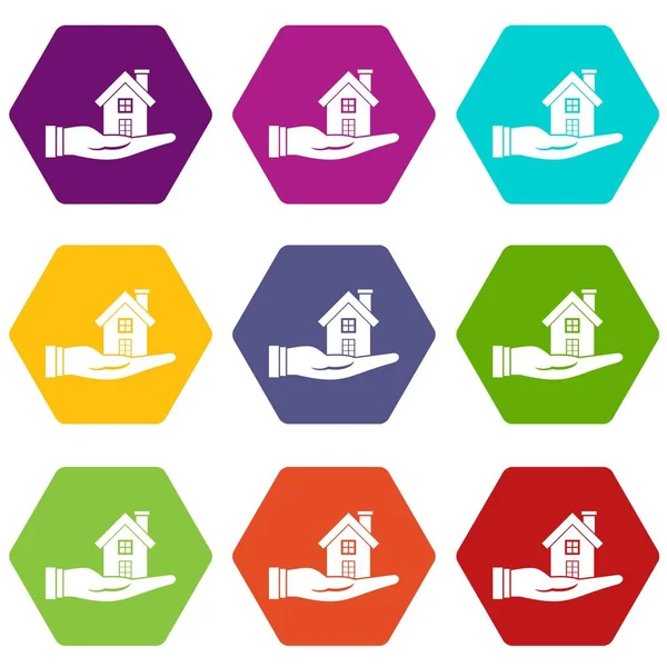 House in hand icon set color hexahedron — Stock Vector