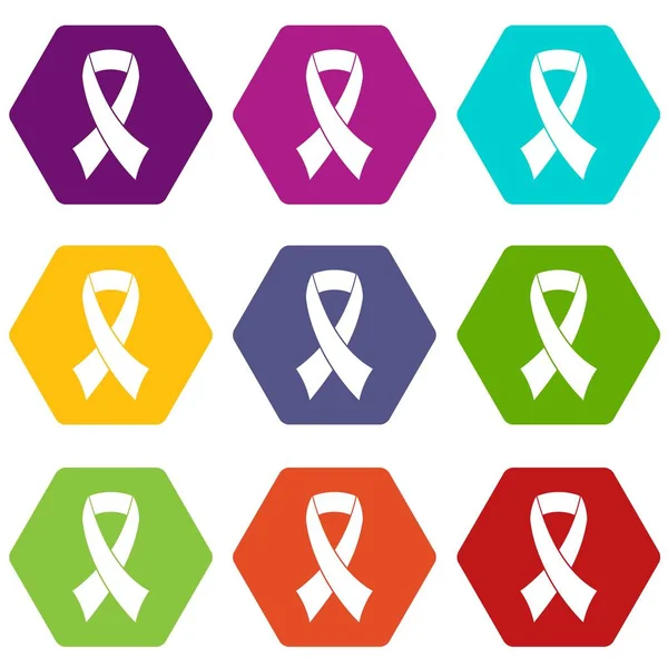Conjunto de iconos de cinta de conciencia de cáncer de mama hexaedro de color — Archivo Imágenes Vectoriales