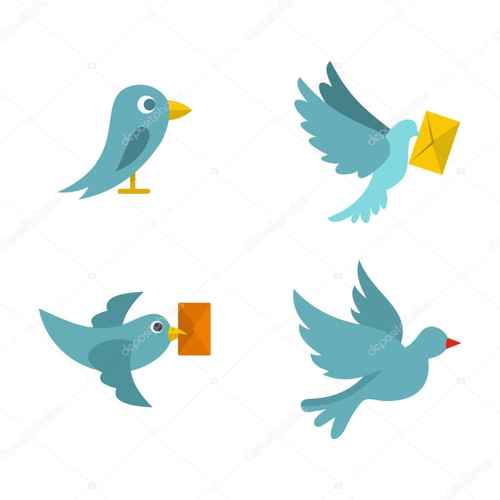 Postal bird icon set, flat style