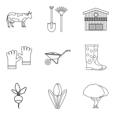 Köylü çiftlik Icons set, anahat stili
