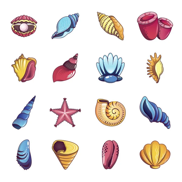 Tropische zee shell iconen set, cartoon stijl — Stockvector