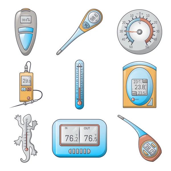 Indicadores de termômetro conjunto de ícones, estilo dos desenhos animados —  Vetores de Stock