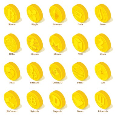 Cryptocurrency türleri Icons set, izometrik stili