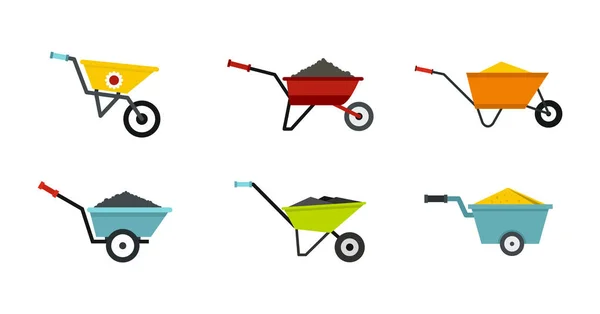 Conjunto de ícone de carrinho de mão de uma roda, estilo plano — Vetor de Stock