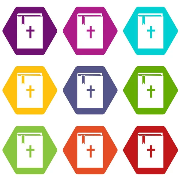 Conjunto de iconos bíblicos hexaedro de color — Vector de stock