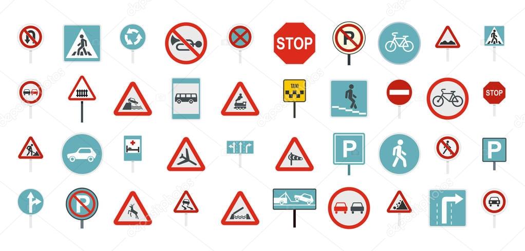 Road sign icon set, flat style