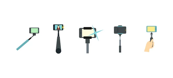 Selfie stick icono conjunto, estilo plano — Vector de stock