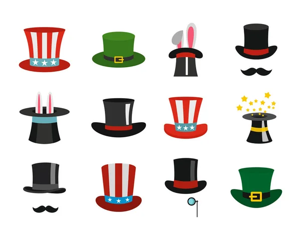 Ensemble icône chapeau haut de forme, style plat — Image vectorielle