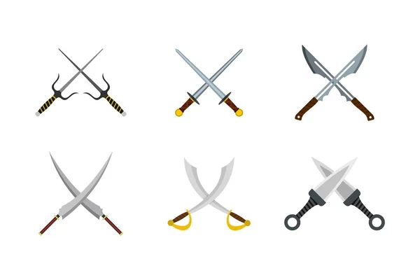 Ensemble d'icônes d'épée croisée, style plat — Image vectorielle