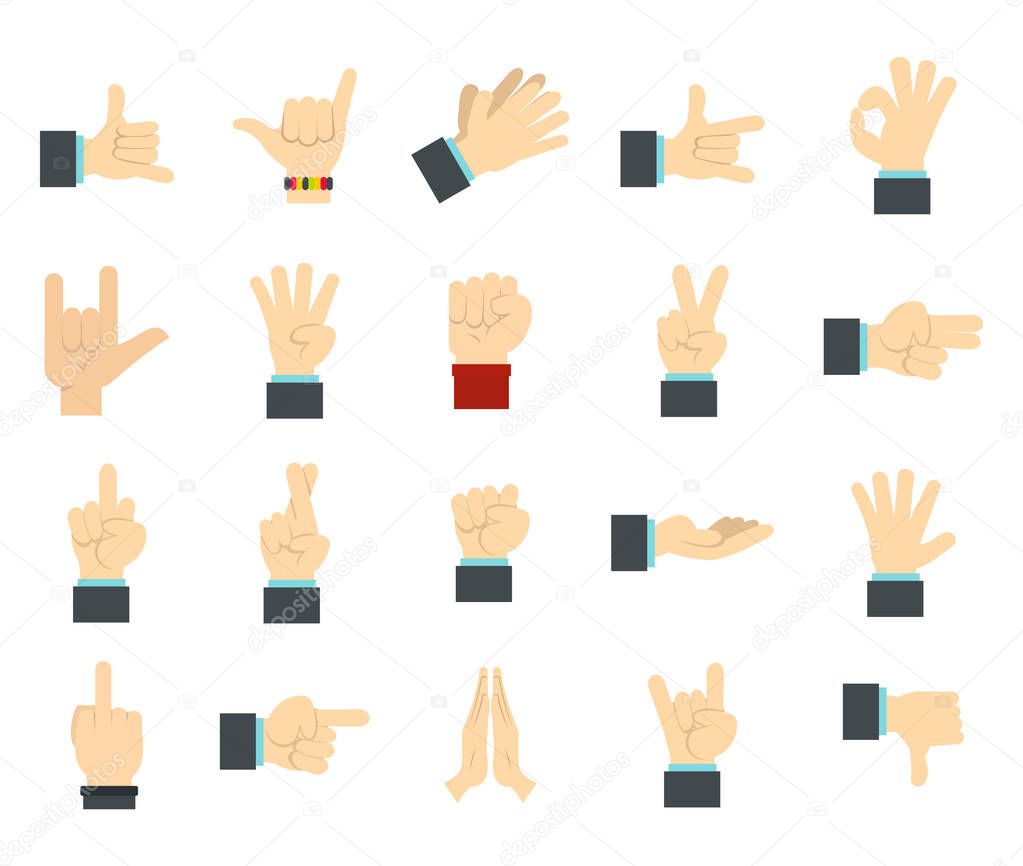 Hand sign icon set, flat style