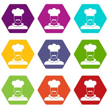 Renk altı yüzlü erkek şef aşçı Icon set